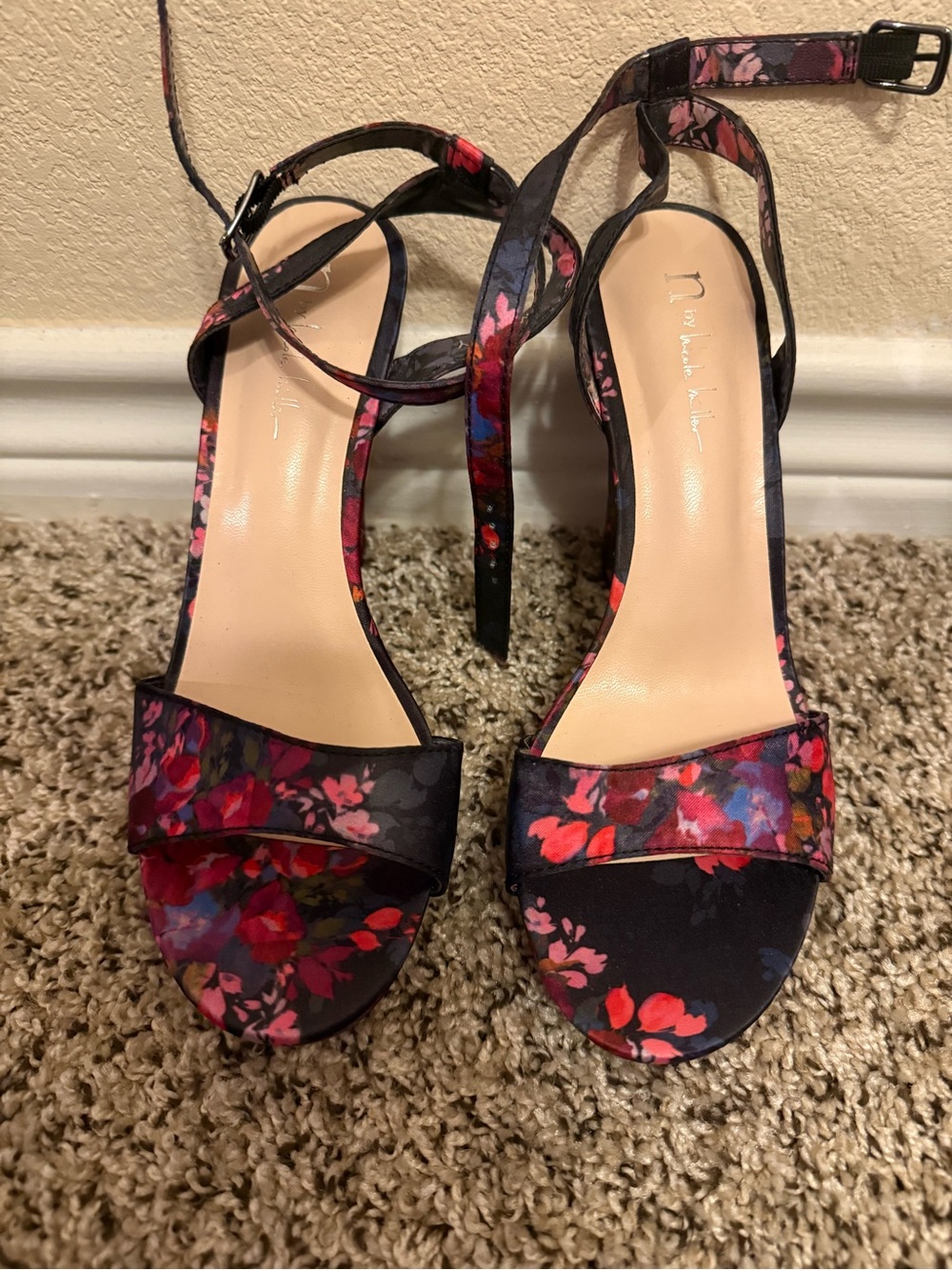 Floral Ankle-Strap High Heel Sandals - Black with Red & Pink Bloom